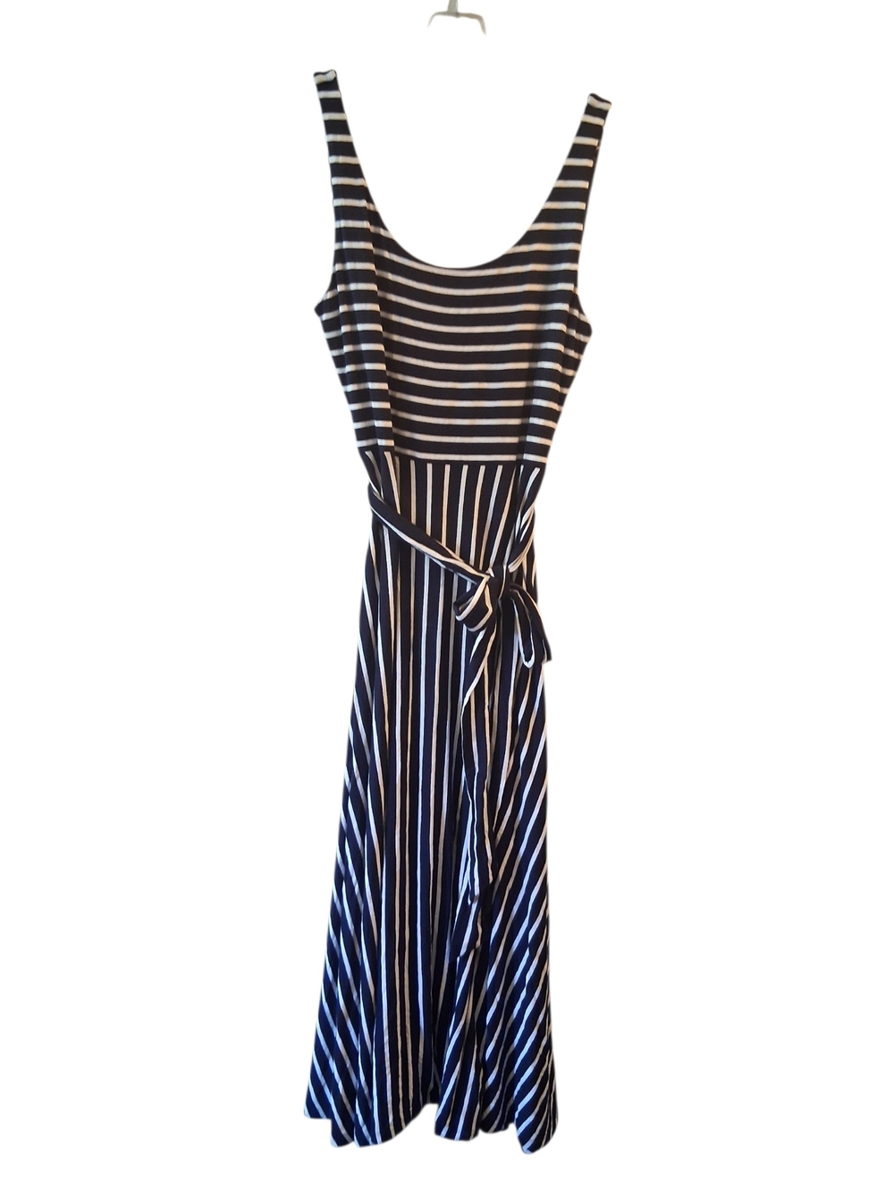 LOFT Navy and White Striped Tie-Waist Midi Dress - Picture 3 of 6